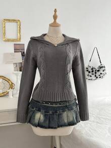 Elamini Women's Casual Daily Commute Simple Solid Color Cable Knit Hooded Sweater, Autumn/Winter