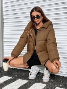 EMERY ROSE Women's Solid Color Zip Front Hooded Long Sleeve Casual Padded Padded Coat, Winter Clothes - Brown - View 7