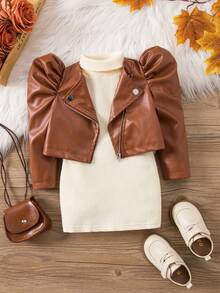 SHEIN Baby Girl Cute Brown Knitted Long Sleeve Dress & Jacket Set, Autumn/Winter - Multicolor - View 1