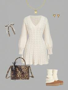 SHEIN MOD Women's Elegant Cream White Cable Knit Sweater Dress,V-Neck Long Sleeve Knitted Jumper Dress,Autumn/Winter Thanksgiving,Christmas & Tea Party Outfit - Apricot - View 6