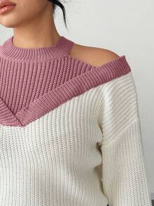 SHEIN Elenzya 女士二合一露肩撞色毛衣 - 藕粉色 - 查看 4