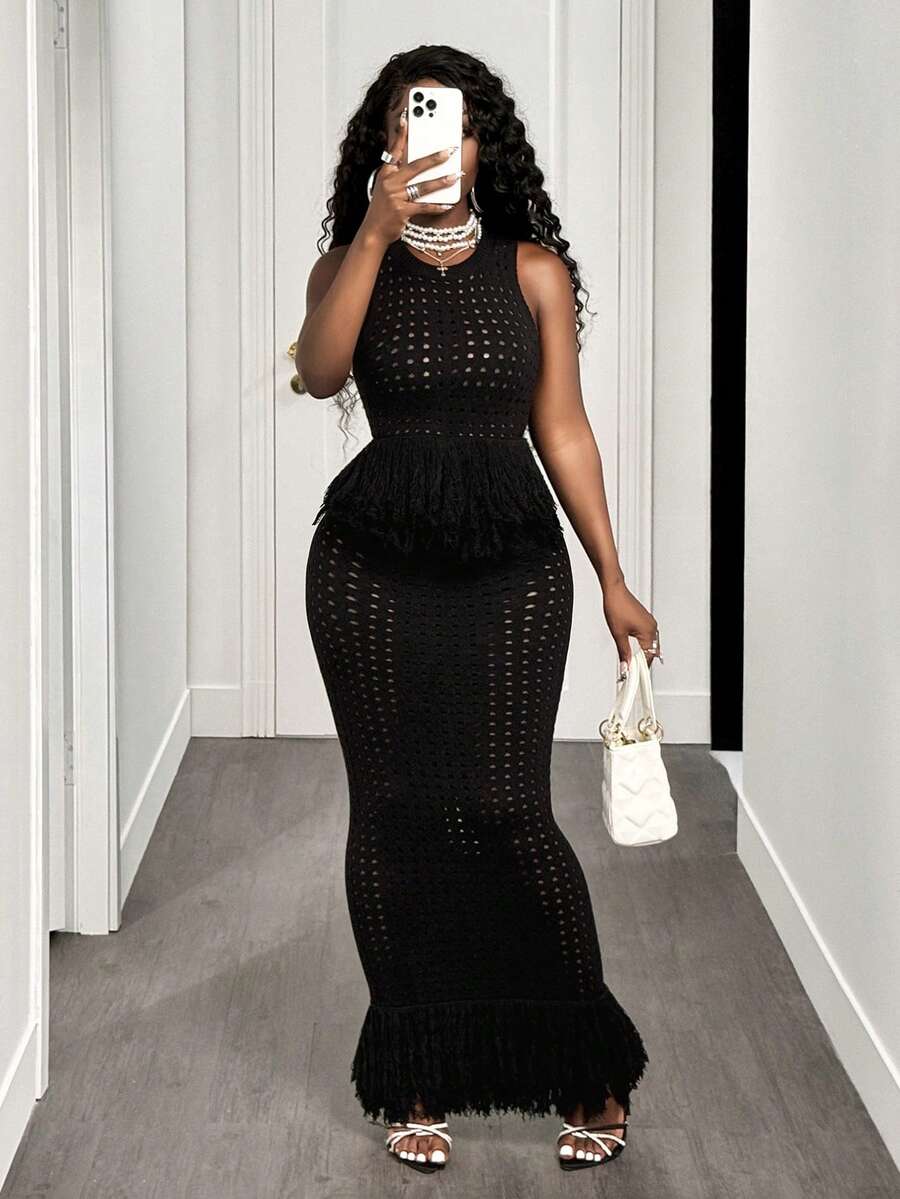 BamGleam Bộ 2 món áo và chân váy dệt kim khoét lỗ màu trơn có tua rua ở viền dành cho nữ. - màu đen - Xem 1