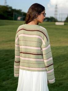 Chiquease 女士休闲条纹圆领落肩长袖针织开衫，秋冬 - 彩色 - 查看 2