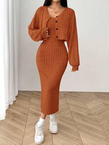 SHEIN EZwear 女式秋季新款罗纹针织落肩纽扣前襟夹克和修身中长连衣裙套装 - 鏽棕色 - 查看 4