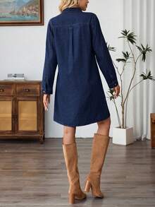 EMERY ROSE Robe en jean décontractée à manches longues, épaules dénudées, coupe ample et demi-patte pour femmes, couleur unie