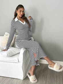 SHEIN LUNE Polo 领拼色腰部收腰侧开衩长袖连衣裙，编织条纹衬里搭配羊毛面料，休闲优雅的办公室淑女风格，秋冬 - 黑與白 - 查看 3