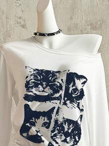 SHEIN Camiseta de manga larga con estampado de gato, estilo minimalista de moda, regalo para amigos - Blanco - Ver 3