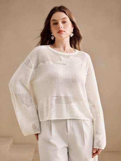 Anewsta Plus Size Women Sweater, Elegant Knitted Hollow-Out Jacquard Crew Neck Loose Sleeve Top, Autumn
