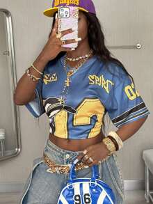 Coolane Women's V-Neck Short Sleeve Loose Casual T-Shirt With Blue Mesh & Numeric Print Y2k Cropped Graphic Tee