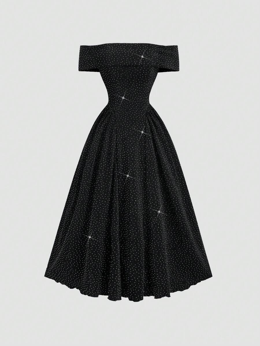 Sweetra 优雅的法国秋季时尚闪亮水钻露肩性感派对礼服，迷人的公主风格长裙