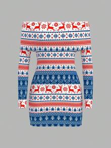 Sweetina 女式圣诞驯鹿印花露肩长袖修身迷你连衣裙 - 彩色 - 查看 4