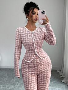 Elenzga 2pcs/Set Korean Style Argyle Jacquard Splice Elegant Casual Versatile Round Neck Long Sleeve T-Shirt + Straight Leg Pants, Back To School Season, Spring/Autumn - Burgundy - View 5