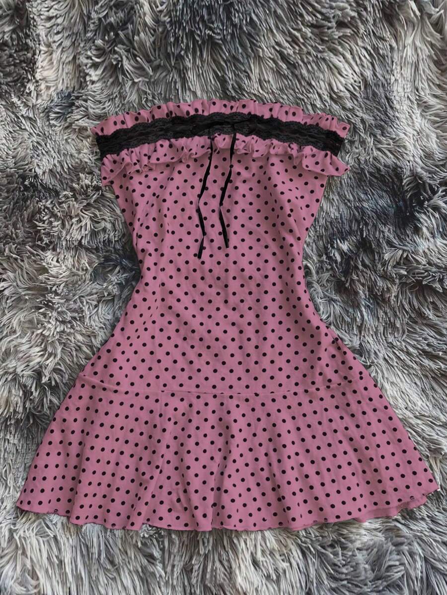 INAWLY 女士波尔卡圆点印花抹胸迷你连衣裙 - 粉色 - 查看 1