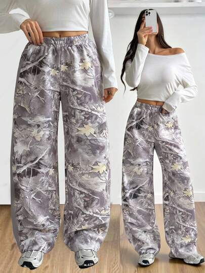 SHEIN Tall 秋冬西式女式印花宽松运动裤，适合身材高挑的人，开学季，运动，健身房