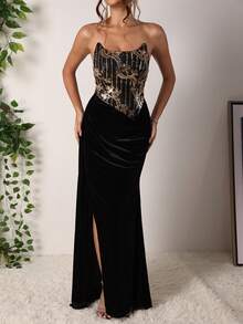 SHEIN Unity Women's Beaded Satin Midi Dress - Black - View 4