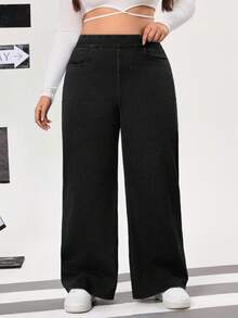 Flexra Celana Jeans Wanita Ukuran Plus Kasual Elastis Tinggi Model Lurus, Celana Hitam Pas Badan dengan Kontrol Perut untuk Musim Panas, Nyaman untuk Liburan Kasual, Formal, dan Klub. - Hitam - View 6