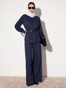 Modelyn 女式纯色褶皱长袖上衣配腰带和裤子，阿拉伯风格套装 - 藍色 - 查看 3