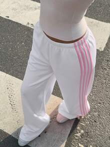 Muchica Women's White Striped Knitted Sweatpants Extra Long Straight Leg Pink Side Stripe Loose Fit Casual Track Pants For Everyday Wear White Beach Pants White Wide Leg Pants Women Wide Pants Wide Leg Summer Pants Palazzo Pants Women White Track Pants Women - White - View 5