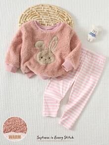 Cozy Pixies 2 piezas Conjunto de sudadera de cuello redondo de manga larga y pantalones de cintura elástica con estampado de animales de dibujos animados para bebé niña, forrado térmico grueso para invierno