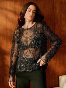 Anewsta 女式性感高端时尚重工刺绣串珠亮片透明网眼衬衫 - 黑色 - 查看 5