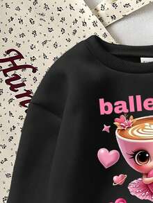 SHEIN 少女卡布奇诺芭蕾舞女字母图案宽松圆领卫衣，休闲舒适冬季服装 - 黑色 - 查看 3