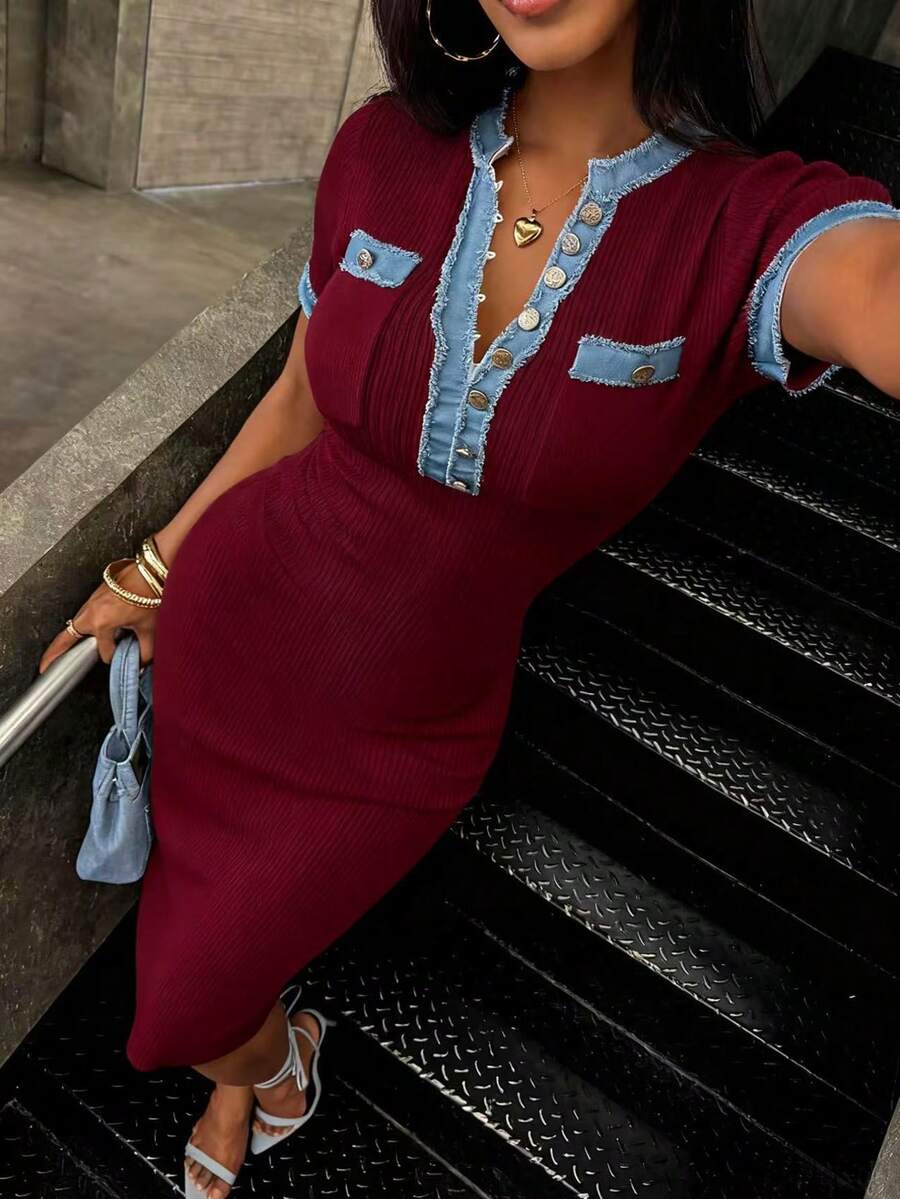 Women's Casual Fashion Street Patchwork Denim Half-Button Cardigan Short Sleeve Fitted Sweater Dress