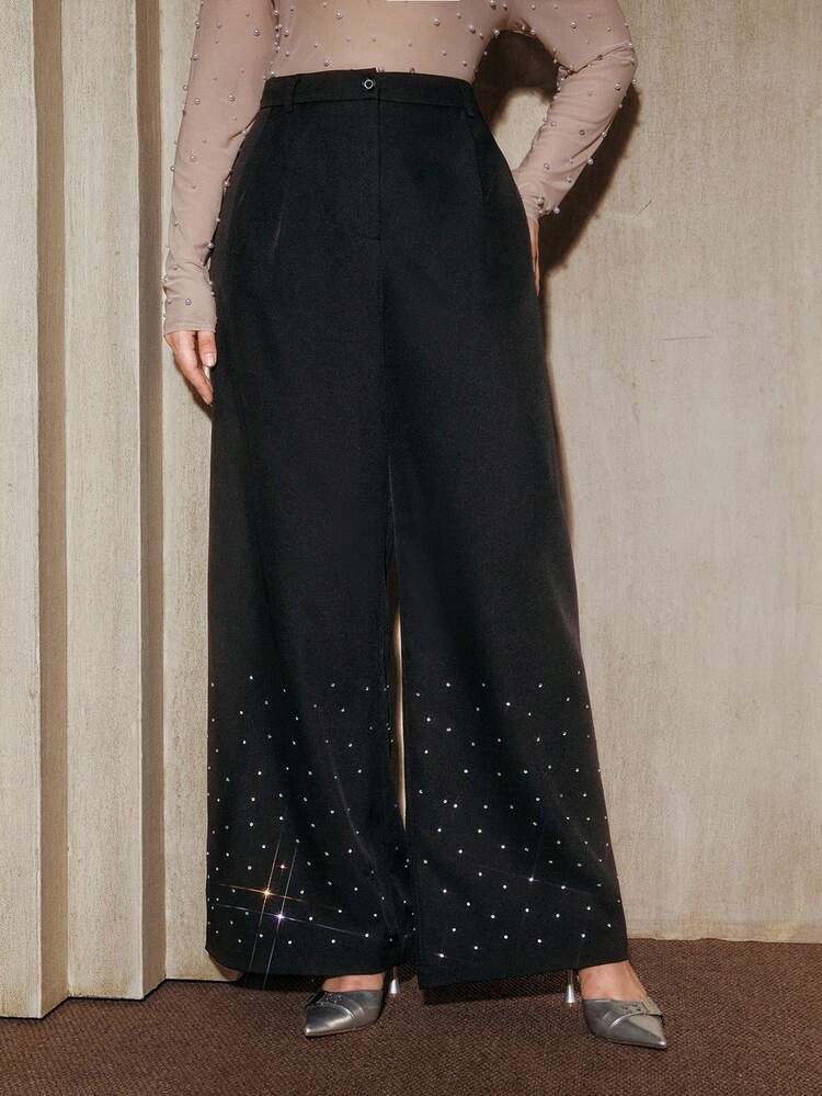 Plus Size Women High Waist Loose Fit Casual Suit Pants With Rhinestone Decor