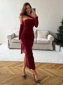 Aloruh Váy dự tiệc bó sát hở vai màu đỏ tía gợi cảm dành cho nữ dịp Giáng sinh - Màu Đỏ Sâu - Xem 7