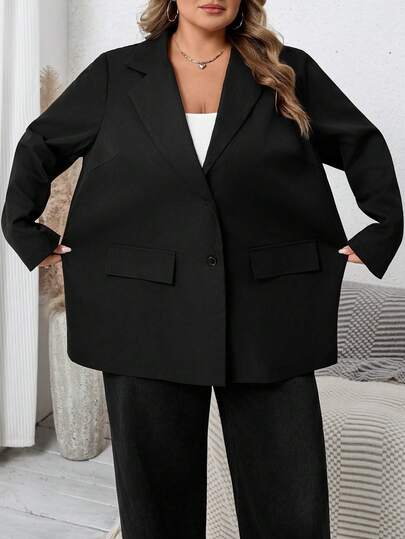 SHEIN CURVE+ Áo khoác Blazer tay dài cổ ve lật màu trơn cỡ lớn cho nữ, mùa thu