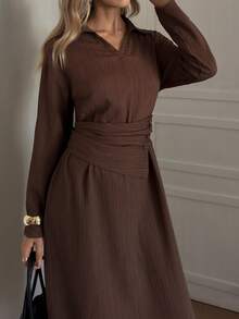 Elyressa Damska sukienka koszulowa w kształcie litery A z kołnierzykiem i wiązaniem w talii, elegancka, francuska, codzienna, do pracy, modna, vintage, uniwersalna, świąteczna, biznesowa, brązowa, z długim rękawem, jesień/zima