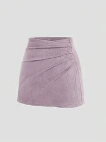 Sweetra Brown Pleated Asymmetric Decorative Zipper Back Faux Suede Fuzzy Short Skirt, Minimalist Commuter Style, Plus Size, Autumn/Winter - Mauve Purple - View 3