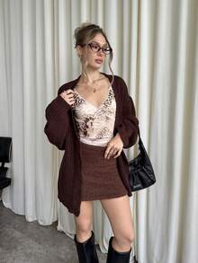 SHEIN BAE Cárdigan holgado de punto de manga larga con hombros caídos y unicolor para mujer, apto para otoño/invierno, otoño, Halloween, Navidad, Año Nuevo, Acción de Gracias, fiestas - Café integral - Ver 6