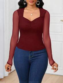 SHEIN Lady Camiseta feminina de cor sólida com gola coração, ombros regulares, manga longa e franzido, modelagem slim, versátil e moderna. Blusa vermelha, blusa de Natal em tela vermelha, blusa vinho. Blusas vermelhas para mulheres. - Borgonha - Ver 5