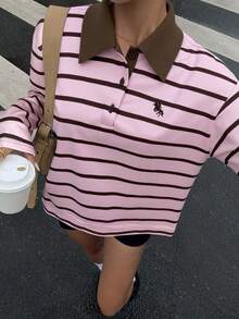 Muchica Women's Casual Striped Button-Up Dropped Shoulder T-Shirt, Autumn Pink Clothes Preppy Clothes Pink Pony Club Shirt Striped Long Sleeve Aesthetic Clothes