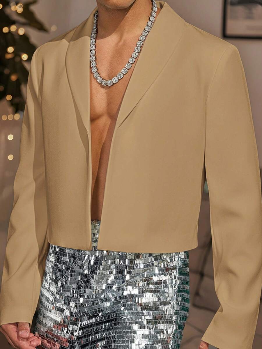 Manfinity VCAY Men's Woven Casual Loose Fit Long Sleeve Cropped Suit Prom Blazer, Wedding - Camel - View 1