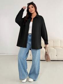 Shapeblank Plus Size Women's Apple-Shaped Body Autumn Black Smart Casual Button Shirt,Everyday Texture Fabric Loose Comfortable Versatile Simple Oversize Tops - Black - View 5