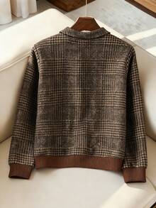 Franclia Plus Size Women's Houndstooth Lapel Button-Up Jacket,Elegant Office Style,Vintage French Plaid Tweed Jacket,Fall Winter Contrast Ribbed Brown Jacket - Multicolor - View 2