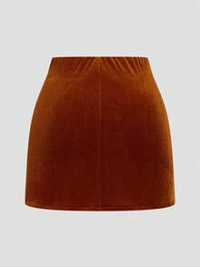 Sweetra Rok A-Line Minimalis Serbaguna untuk Sehari-hari, Potongan Ramping, Warna Cokelat Ukuran Plus dengan Pinggang yang Dikencangkan - Coklat - View 2