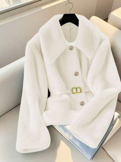 GlowEve 仿皮草装饰优雅前扣长袖夹克，适合秋冬季