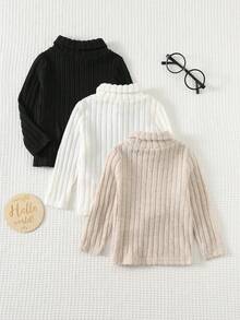 Cozy Pixies 3pcs/Set Baby Boys Solid Color Thermal Lined Thick Elastic Knit Soft Mock Neck Long Sleeve Pullover Tops, Suitable For Winter