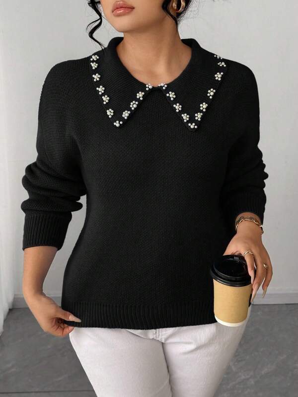 SHEIN Elenzya SHEIN Elenzya Women's Pearl Collar Solid Color Minimalist Pullover Black Sweater,Autumn/Winter