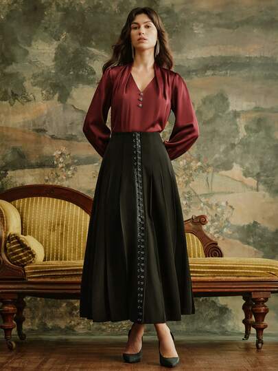 Anewsta Anewsta Commuter Chic V-Neck Top, Modern Fashion Black A-Line Skirt With Leather Strap & Woven Hem, 2 Pieces Set, Autumn/Winter