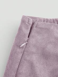 Sweetra Brown Pleated Asymmetric Decorative Zipper Back Faux Suede Fuzzy Short Skirt, Minimalist Commuter Style, Plus Size, Autumn/Winter - Mauve Purple - View 4