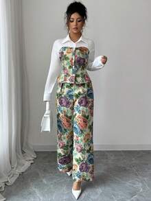 Elenzga Women's Textured Floral Pattern Collared Long Sleeve Fitted Blouse Paired With Regular Women's Pants, Elegant & Refined Outfit For Daily Wear, Autumn/Winter - Multicolor - View 6