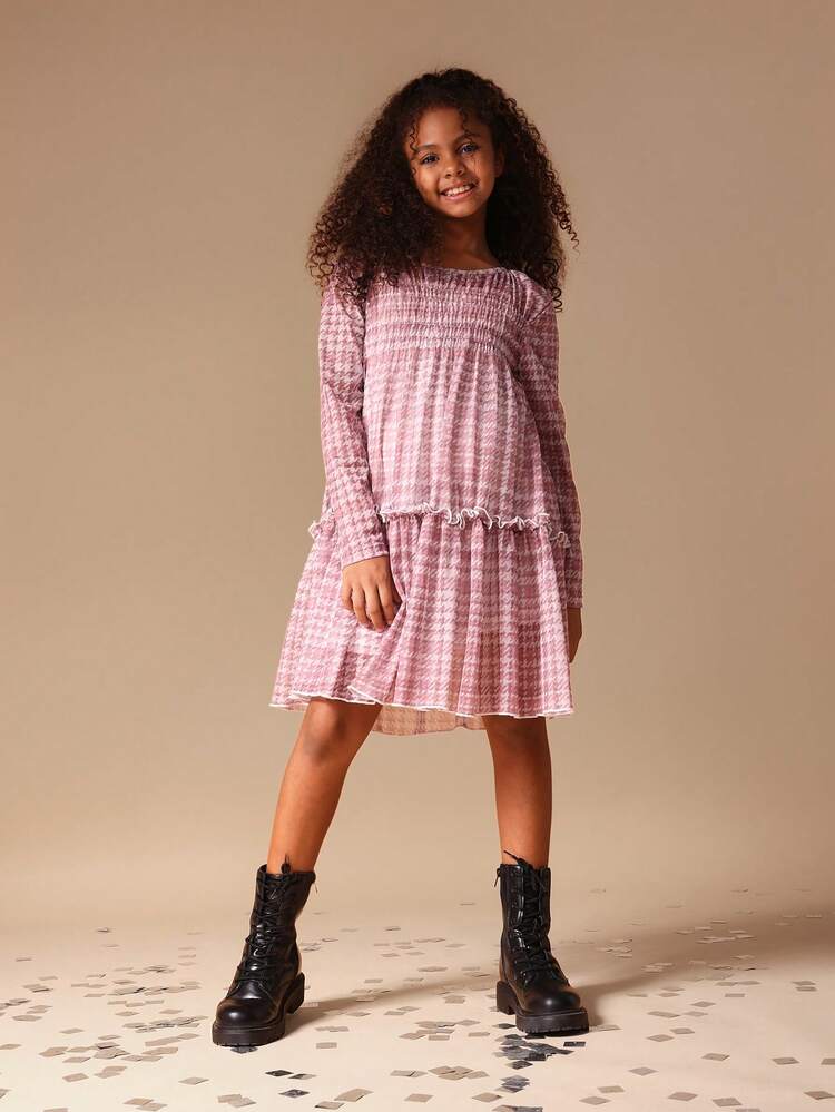 Pink Checked Mesh Ruffle Dress With Long Sleeves