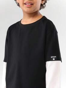 SUMWON Double Layer Long Sleeve T-Shirt With Short Sleeve Overlay For Boys Crew Neck Cotton Top - Black - View 3