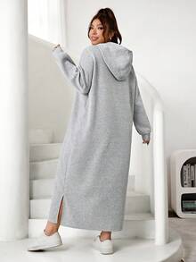 Solflare 大码女式秋季休闲连帽长袖卫衣裙，带口袋、开衩设计、加厚保暖内衬，适合秋冬季穿着。 - 淺灰色 - 查看 2