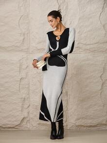 Modelyn Women's Autumn/Winter Contrast Color Ring Connected Long Sleeve Fitted Knit Dress - Black and White - View 5