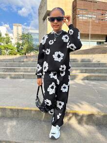 Tween Girl Loose Black & White Print Hoodie Sweatshirt And Sweatpants Set 2 Piece Pants Set All Over Floral Pant Set - Black and White - View 5