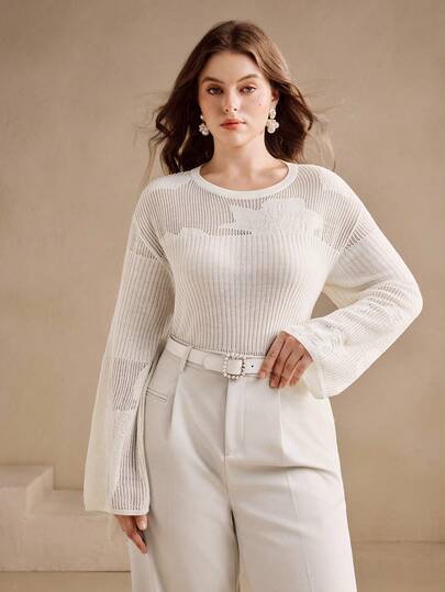 Anewsta 大码女式毛衣，优雅针织镂空提花圆领宽松袖上衣，秋季